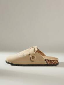 Solecia Solid Color Embroidered, Metal Buckle Decor, Snap Closure, Thick Sole Comfortable, Cork Bottom, Platform Slide Sandals, Suitable For Outdoor, Commute, Casual, Daily Wear - Khaki - View 2