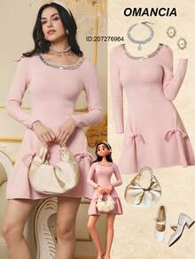 Omancia Vestido de malha com lantejoulas elegantes, gola quadrada, laço, presente de Natal, Ano Novo e Ação de Graças, vestido de festa