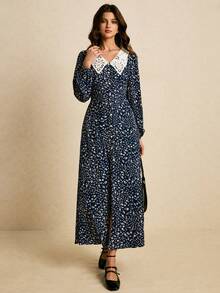 Poéselle 女式碎花刺绣镂空领长袖优雅连衣裙 - 藏蓝色 - 查看 2