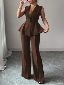 SHEIN Elenzya Bộ vest nữ thanh lịch lãng mạn cổ bẻ không tay cỡ lớn - Cà phê nâu - Xem 1