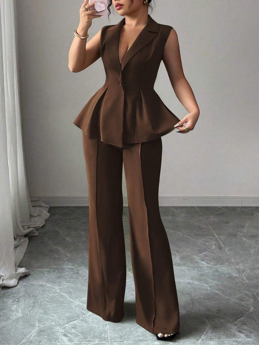 SHEIN Elenzya Bộ vest nữ thanh lịch lãng mạn cổ bẻ không tay cỡ lớn - Cà phê nâu - Xem 1