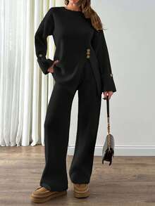 EURMUSE 2pcs/Set Women's Fashionable Design Loose Knit Sweater With Side Slit And High Waist Wide Leg Pants, Autumn/Winter - Black - View 7
