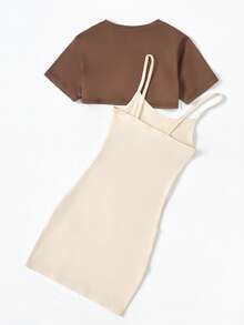 SHEIN Explorewe 2 件 Tween 女童纯色短款 T 恤和印花连衣裙套装 - 棕色 - 查看 2