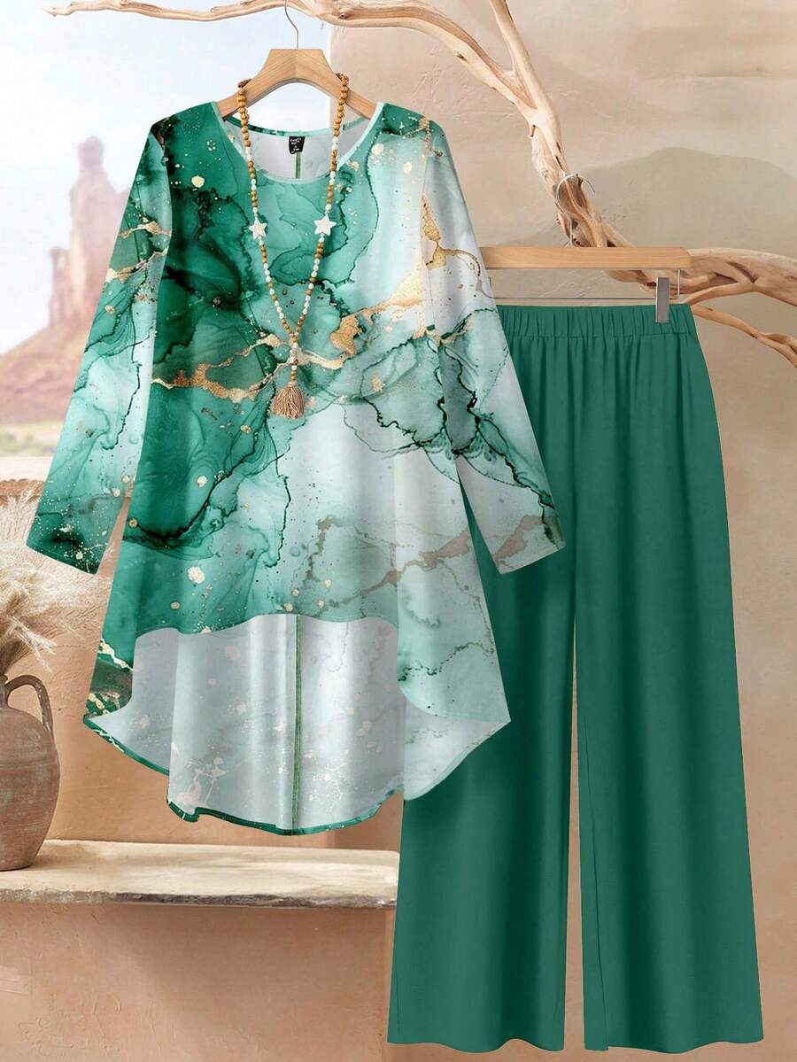 Rusticease 2 件套女士休闲宽松大理石波纹图案全印花圆领长袖上衣和裤子套装，夏季服装 - 彩色 - 查看 1
