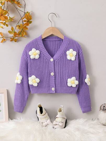 Young Girl Casual Floral Decor Cardigan, Autumn/Winter