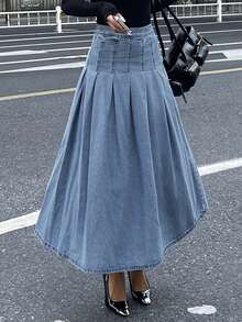 DAZY 女士优雅百褶牛仔裙 - 淺色水洗藍 - 查看 2