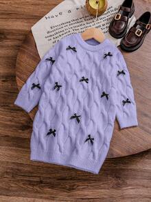SHEIN Playful Pals 新款时尚百搭可爱蝴蝶结纯色扭绳女童套头毛衣连衣裙 - 紫色 - 查看 2