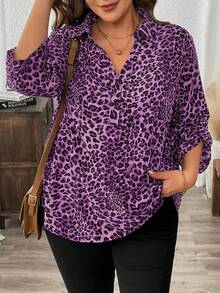 EMERY ROSE Áo sơ mi tay giữa họa tiết da báo cỡ lớn - Màu tím - Xem 5