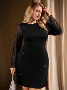 Auralis 大码女式亮面网纱长袖露背系带连衣裙 - 黑色 - 查看 3