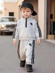 Playful Pals 男婴半拉链卫衣和运动裤两件套，韩版印花黑色抽绳宽松加厚抓绒休闲返校服，适合秋冬季日常穿着或慢跑。 - 淺灰色 - 查看 3