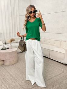 Easowa Solid V Neck Knit Top - Green - View 2