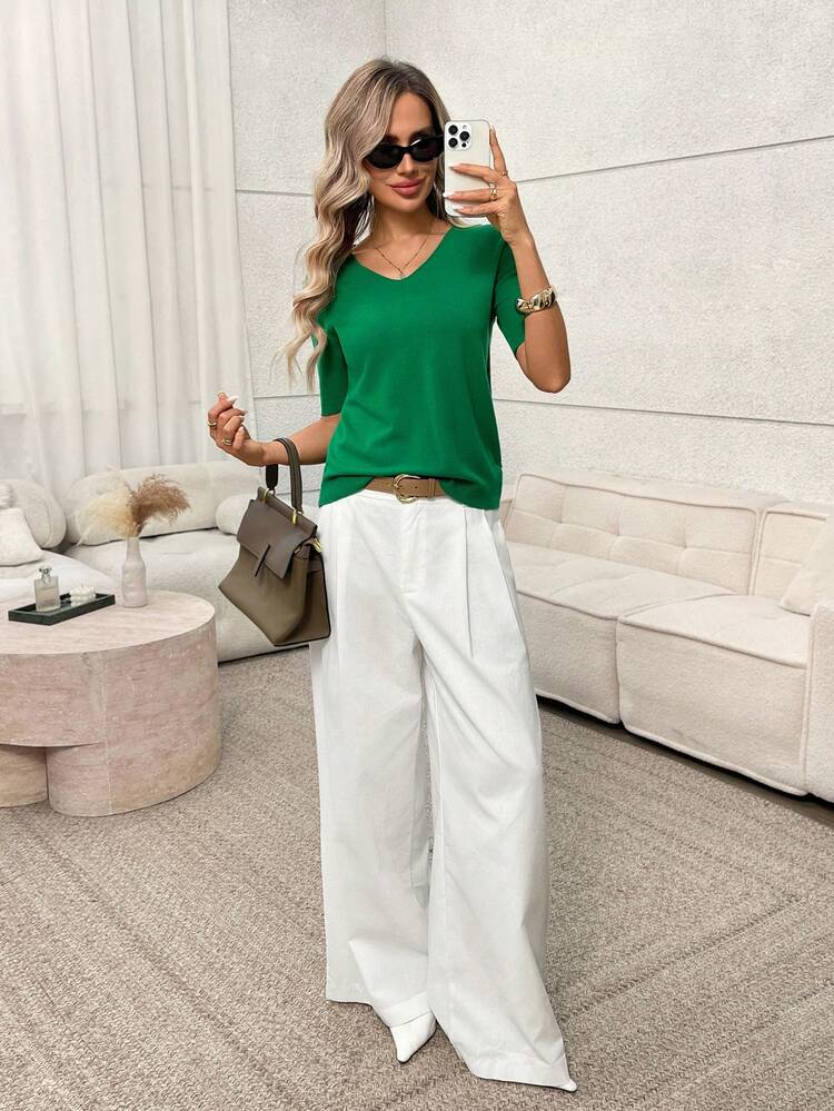 Solid V Neck Knit Top
