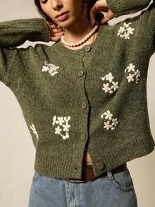 SoleilVie 女士优雅法式钩针开衫 - 軍綠色 - 查看 5