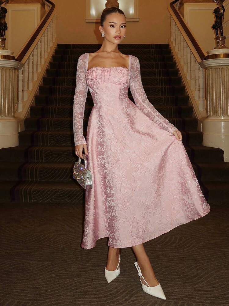 Glamine Charm Elegant Palace Lace Patchwork Long Sleeve Square Neck Sexy Low-Cut Jacquard Midi Dress, Suitable For Evening Gala, Date, Ball, Graduation Party, Autumn Ladies Dress, Graceful Party Dress Brocade Jacquard Dress Corset Dress Pink Brocade Dress Elegant Pink Dress Pink Corset Dress - Pink - View 3