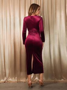 Xyvia Vestido burdeos elegante de mujer con cuello de volantes y decoración de botón de metal, sexy y ajustado, de manga larga, adecuado para fiestas, primavera/otoño - Burdeos - Ver 2