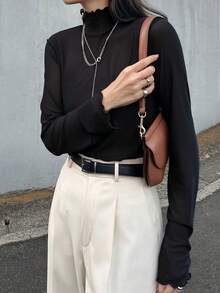 FRIFUL Women's Mesh Sheer High Neck Tee,See-Through Blouse For Summer Long Sleeve Women - Black - View 4