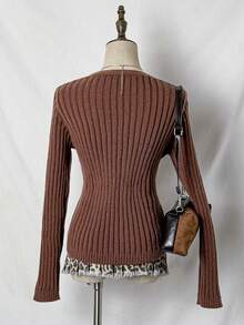 SHEIN Unity Women's Solid Color V-Neck Eyelet Shoulder Long Sleeve Fashionable Knitted Cable Pullover Sweater - Brown - View 2