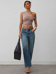 Hauture 扭结褶皱弹力针织短款上衣 - 卡其色 - 查看 4