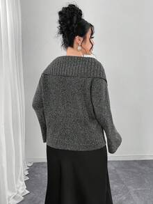 Modelyn Plus Size Elegant Pearl Embellished Flare Sleeve Sweater, Autumn/Winter - Dark Grey - View 2