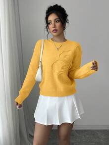 Elenzga Women's Crew Neck Floral Pattern Solid Color Pullover Sweater - Yellow - View 4