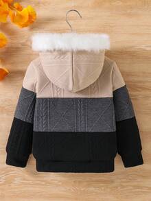 SHEIN Áo khoác lông giả có mũ trùm đầu ấm áp, họa tiết khối màu, thời trang thường ngày cho bé gái, đi làm hàng ngày, mùa thu/đông - Nhiều màu - Xem 2