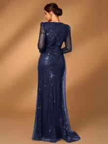 Serin Váy dài tay xẻ tà đuôi cá đính hạt sequin đen sang trọng, thanh lịch, cổ không đối xứng, xếp nếp, sang trọng, phù hợp cho đám cưới, dạ hội, tiệc tùng, váy dạ hội trang trọng, váy cưới cho mẹ - Màu xanh hải quân - Xem 2