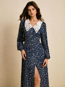 Poéselle 女式碎花刺绣镂空领长袖优雅连衣裙 - 藏蓝色 - 查看 1