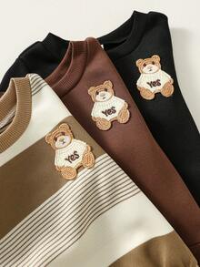 SHEIN 6件套婴儿男女童可爱卡通图案条纹长袖卫衣和运动裤套装，男女通用婴儿服装，冬季 - 彩色 - 查看 5