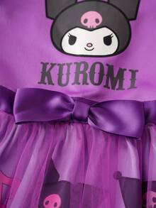 HELLO KITTY AND FRIENDS | SHEIN 少女甜美可爱卡通图案圆领盖袖网纱拼接紫色连衣裙