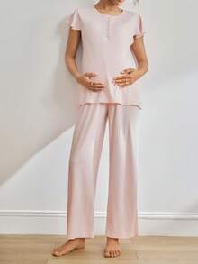 Moonlight&Mama Maternity Solid Color Cap Sleeve Top And Pants Pajama Set - Pink - View 6