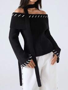 LYSMO 1 Peça Suéter Ombro Caído com Babado + Mini Lenço para Mulheres - Preto e Branco - Visão 4