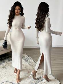 Elenzga Women's Autumn/Winter Elastic Knit Textured Dress, Turtleneck Bodycon Dress, Metal Buckle Design Dress, Elegant Ladies Dress, Casual Dress, Autumn/Winter Women's Clothing, Party Dress