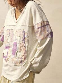 Bohemela Boho Autumn/Winter Outerwear, Women's Fashionable Vintage Patchwork Bohemia Paisley Pattern V-Neck Long Sleeve Loose T-Shirt, Western Country Style Concert Vacation, Suitable For Vacation & Daily Wear & Back To School, Christmas - Apricot - View 6