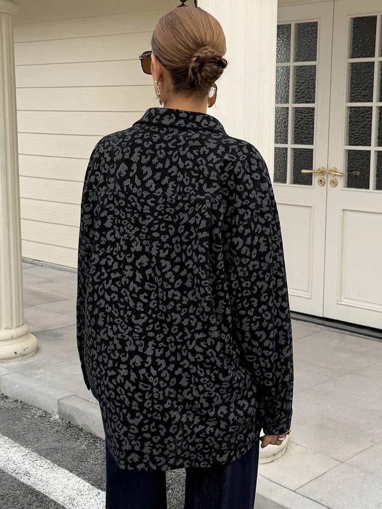Women's Corduroy Fabric Loose Fit Regular Collar Shirt Leopard Print