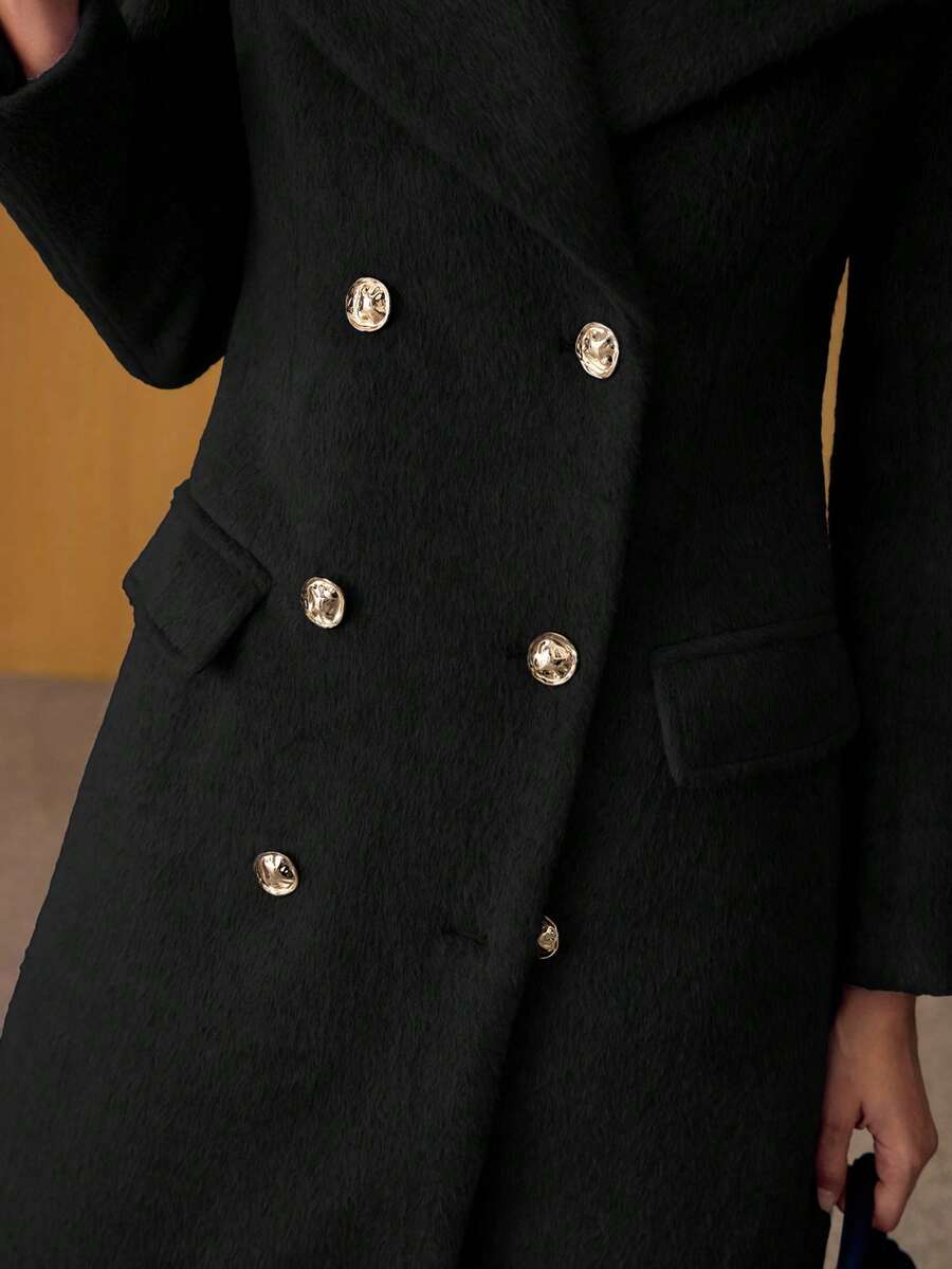 MOTF PREMIUM WOOL PEAK COLLAR DOUBLE BREASTED OVERCOAT - Black - View 2