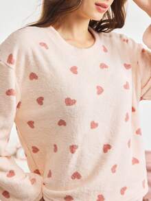 Bonmuse 两件套女士冬季抓绒睡衣套装，简约时尚如云朵般柔软的家居服套装，心形印花长袖长裤套装，可外穿