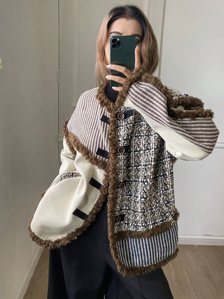 DAZY パッチワーク コントラストカラー フレイドヘム ラウンドネック ルーズ カジュアル ヴィンテージ 秋冬 レディース レギュラージャケット レディースコート - ブラウン - 見る 1