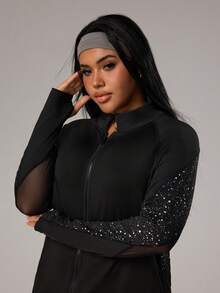 Rhythm Era Chaqueta deportiva de talla grande, parche de malla, manga larga con cremallera y agujero para el pulgar, chaqueta de mujer de estilo atlético de moda