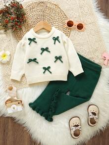 SHEIN Vintaside Kids 2pcs Baby Girls Sweater Set: White Round Neck Bow Decor Top + CoffFlared Pantsnts, Sweet & Fashionable Winter Baby Clothes Sets Baby Set Autumn Winter Season Baby Girl Sweaters Set Green And White Outfit For Baby Girl Autumn And Winter Two Pieces Suit Baby Girl Warm Sets Two Pieces Sets Baby Set Autumn Winter Season Baby Knitwear Baby Clothes Girl Fall Sweater Knit - Dark Green - View 4