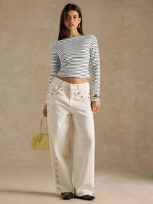 SHEIN BAE 女式休闲不对称领条纹T恤，秋季 - 白色 - 查看 3