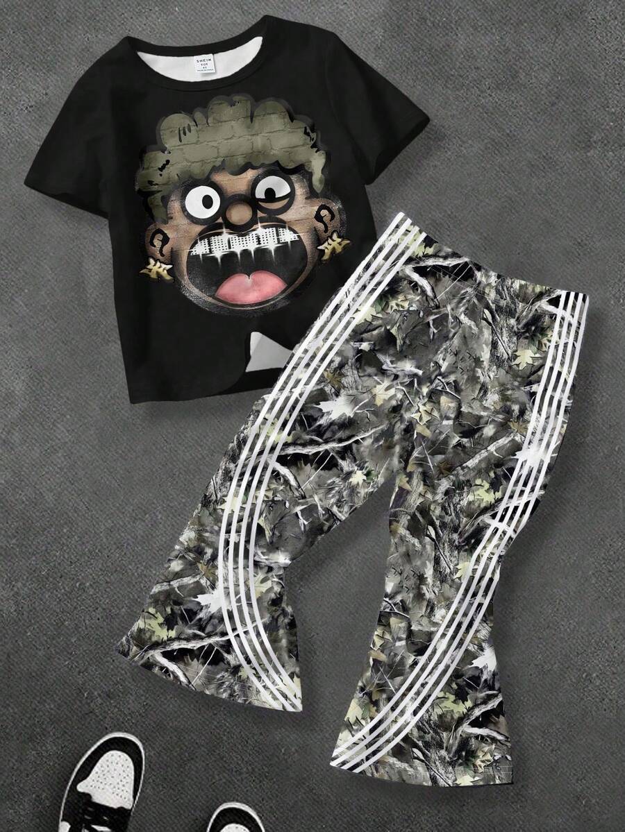 Bộ 2 áo thun tay ngắn cổ tròn in họa tiết nhân vật hoạt hình phong cách cổ điển cho bé trai kèm quần ống loe kẻ sọc, phù hợp cho mùa hè, phong cách đường phố, trở lại trường - trắng - Xem 1