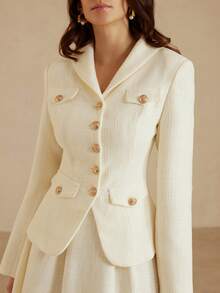 Aveloria Rosie 粗花呢面料优雅别致设计修身女式夹克，带纽扣口袋，粗花呢喇叭形简约风格女式半身裙 2 件套 - 米色 - 查看 5