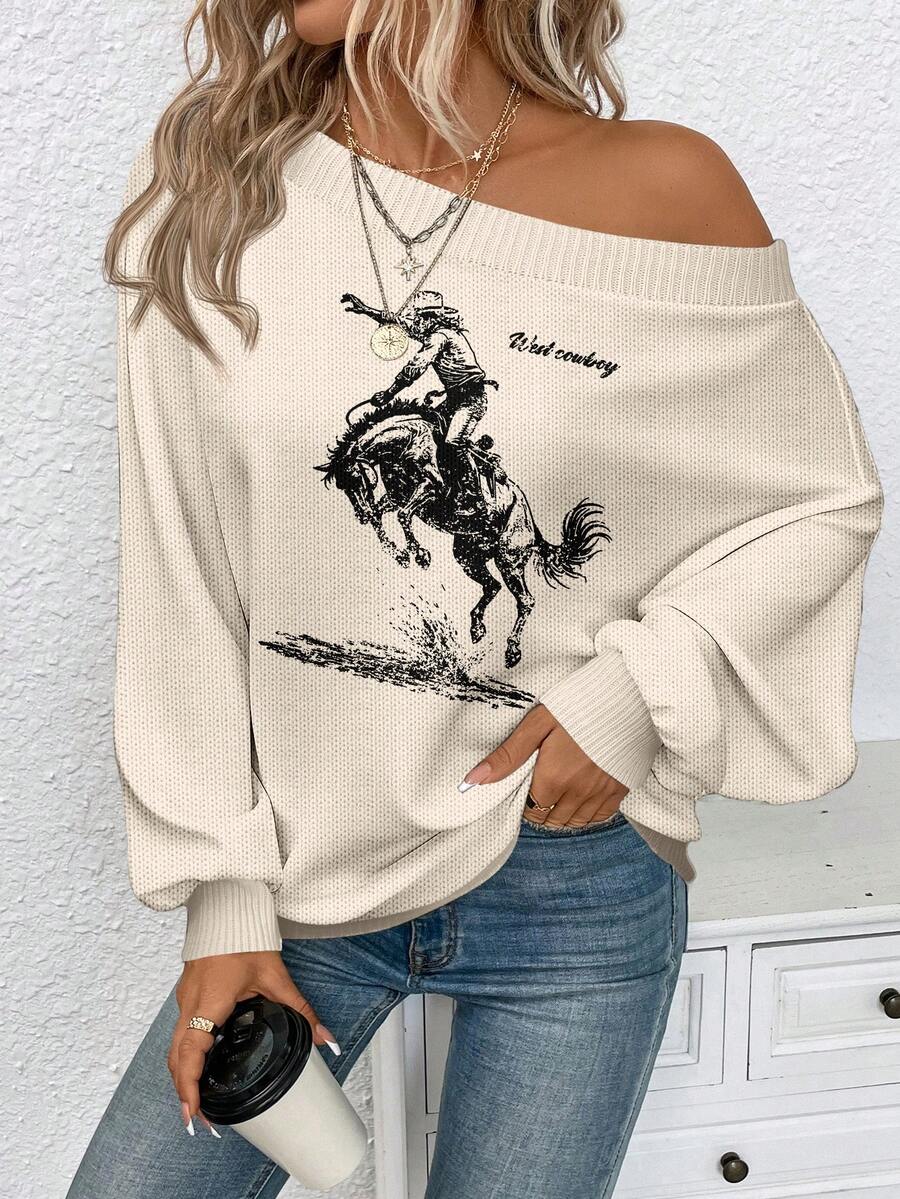 EMERY ROSE 女士休闲露肩马图案毛衣，适合秋冬季节穿着，休闲百搭 - 彩色 - 查看 1