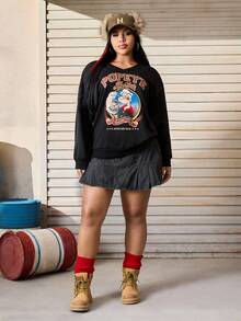Popeye X SHEIN Plus Size Casual V-Neck Sweatshirt With Letter And Cartoon Graphic, Autumn/Winter Women Sweatshirts Plus Size Sweatshirt Plus Size Women Streetwear Plus Size Y2k Plus Size Clothes - Black - View 3