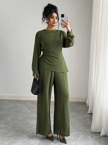 Elenzga Set di camicia verde militare a collo tondo in tessuto grinzoso con vita stretta e pantaloni larghi a vita elastica con tasche, stile vintage francese elegante, minimalista, casual per autunno/inverno, nuovo arrivo per il Ringraziamento, taglie forti - Verde militare - Visualizzare 7