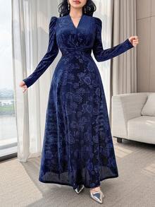 Feyla Váy dài nhung dập nổi thanh lịch, váy dài đến mắt cá chân bằng nhung dành cho nữ - Màu xanh hải quân - Xem 5