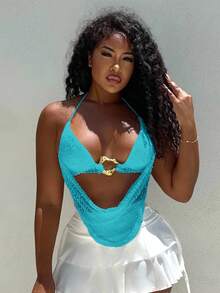 Alexandranx Women's Summer Sexy Bohemian Beach Vacation Concert Women Halter Neck Tie Metal Decoration Crochet Summer Tops, Summers For Women, Clubs Women Sexy - Mint Blue - View 5