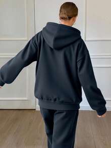 DAZY 2pcs Women Autumn/Winter Thermal Lined Zip-Up Hoodie And Drawstring Pants Set Lounge Sets For Women - Navy Blue - View 3