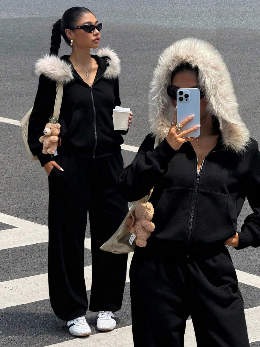 SHEIN EZwear 2 件女式秋冬休闲毛绒加厚毛领连帽衫和运动裤套装万圣节服装女式圣诞服装哥特式女装 - 黑色 - 查看 1
