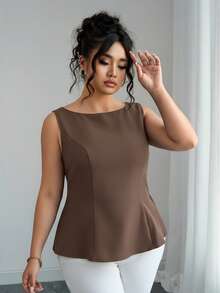 Elenzga 大码女式纯色无袖露背系带衬衫 - 棕色 - 查看 3